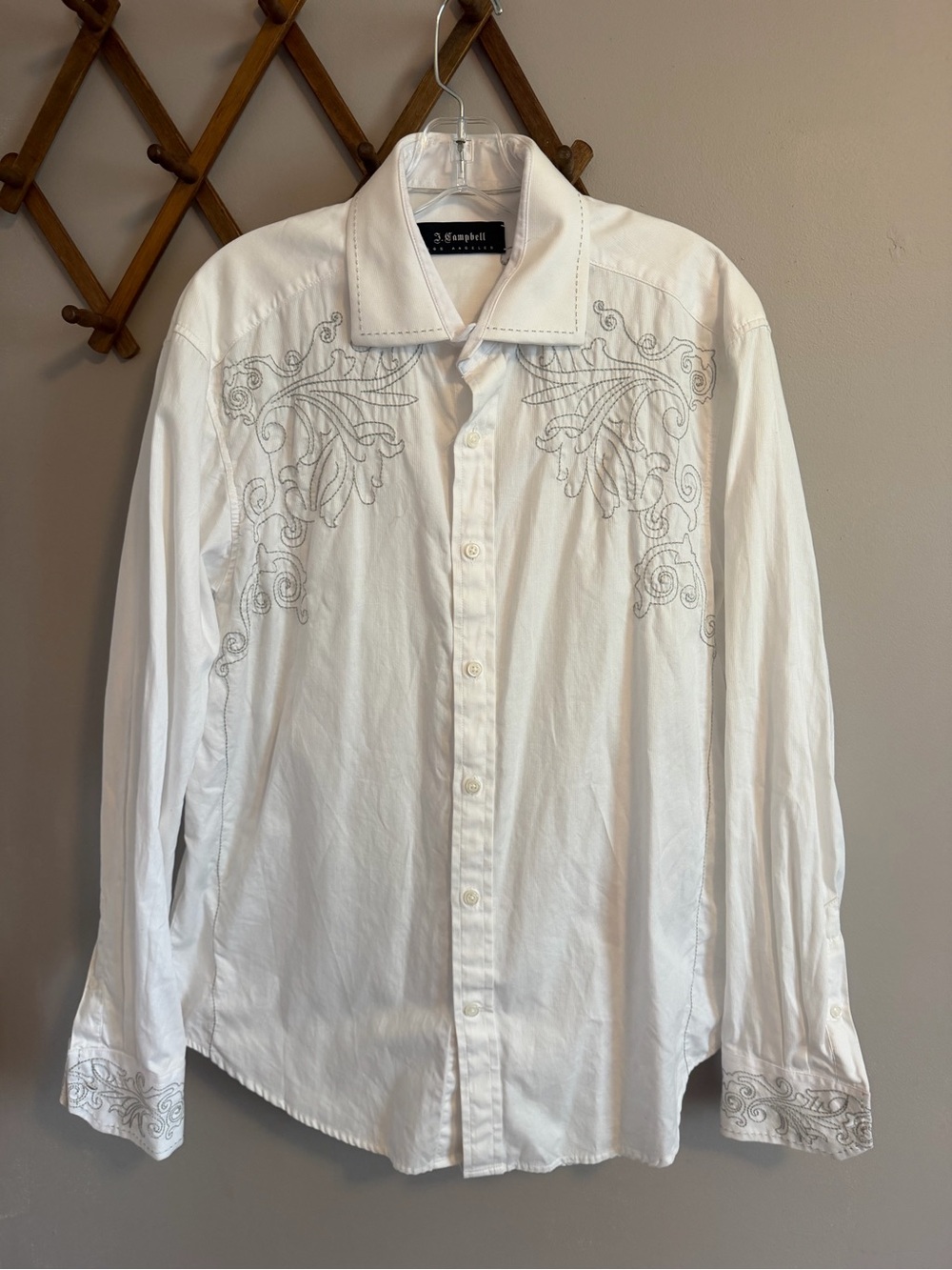 J Campbell White Embroidery Western Button Up Shirt L